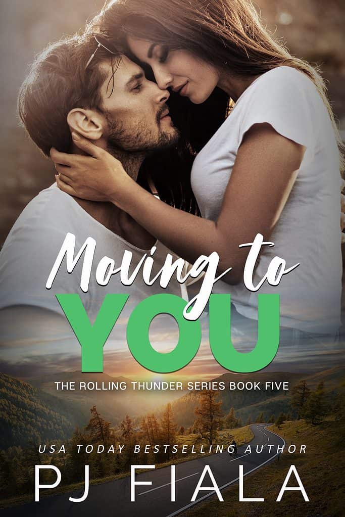 Book cover for Moving to You by USA Today bestselling author PJ Fiala. A bearded hero and brunette heroine embrace closely, gazing into each other's eyes above a scenic mountain landscape.