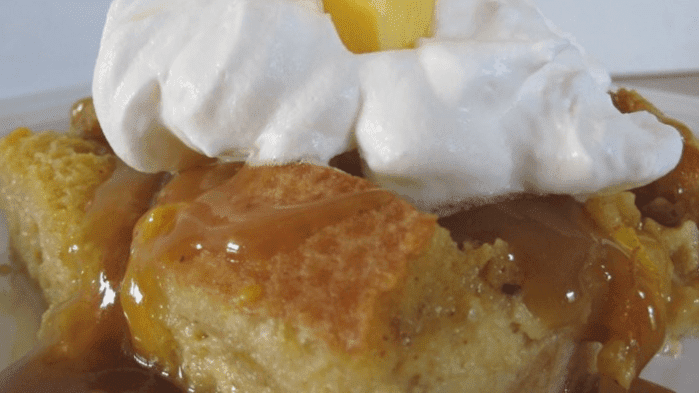 Peachy Bread Pudding with Caramel Sauce
