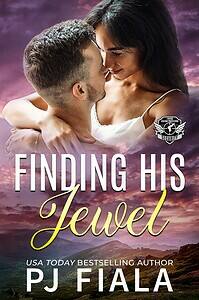 eReader displaying the eBook cover for Finding His Jewel by USA Today bestselling author PJ Fiala. A dark-haired couple gazes lovingly at one another while embracing above a scenic mountain landscape beneath a purple sunset sky. Part of the Lynyrd Station Protectors: Security series.