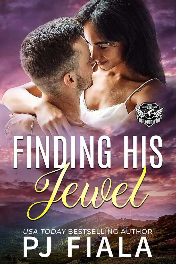 eReader displaying the eBook cover for Finding His Jewel by USA Today bestselling author PJ Fiala. A dark-haired couple gazes lovingly at one another while embracing above a scenic mountain landscape beneath a purple sunset sky. Part of the Lynyrd Station Protectors: Security series.