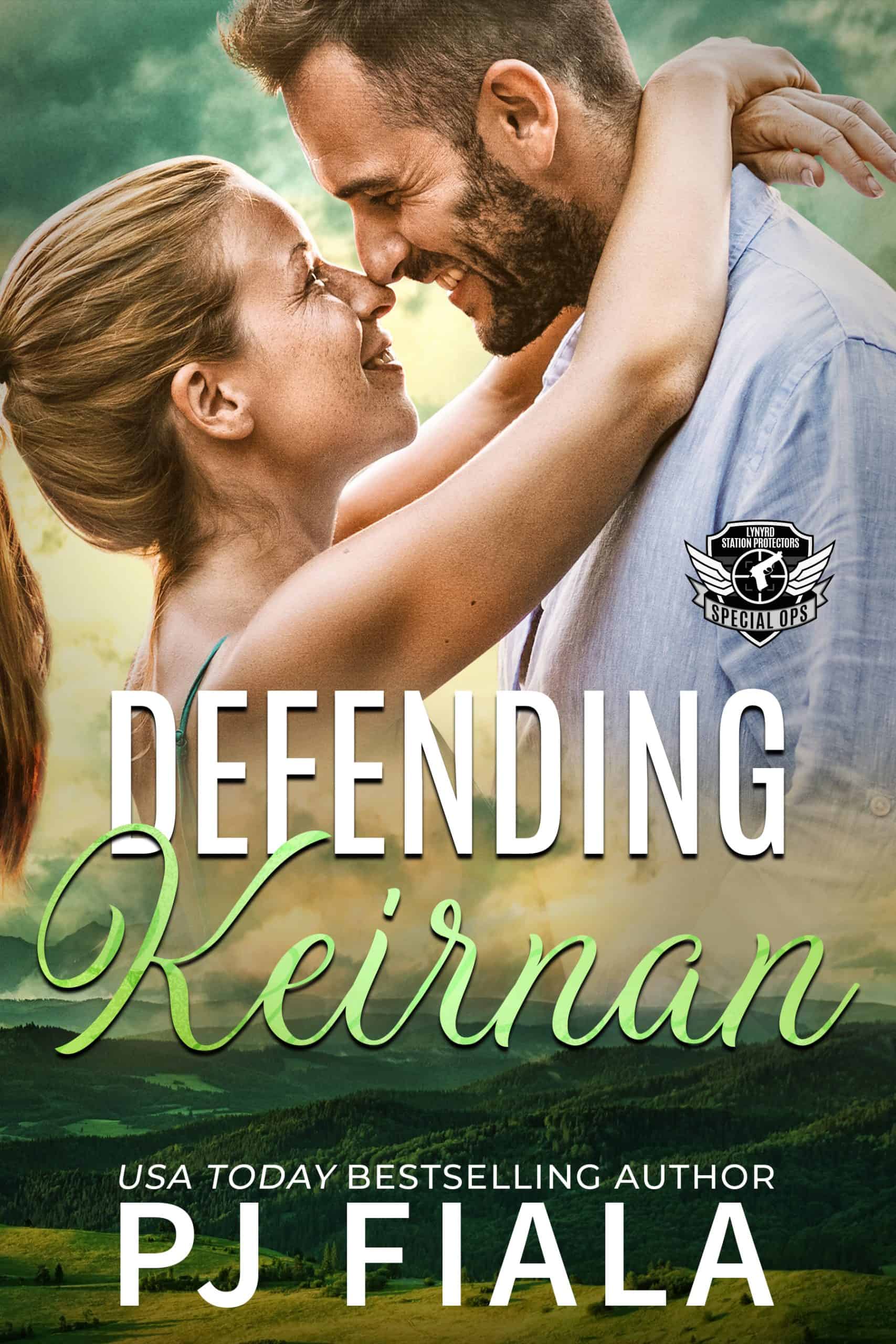 eReader displaying the eBook cover for Defending Keirnan by USA Today bestselling author PJ Fiala. A smiling couple embraces with their foreheads touching, the heroine wrapping her arms around the bearded hero against rolling green hills beneath a glowing sky. Part of the Lynyrd Station Protectors: Special Ops series.