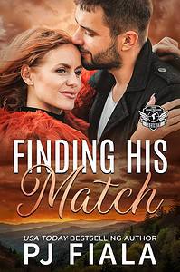eReader displaying the eBook cover for Finding His Match by USA Today bestselling author PJ Fiala. A red-haired heroine and bearded hero share a tender embrace beneath a glowing sunset sky, with rolling hills in the distance. Part of the Lynyrd Station Protectors: Security series.