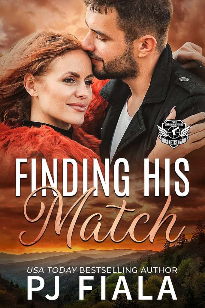 eReader displaying the eBook cover for Finding His Match by USA Today bestselling author PJ Fiala. A red-haired heroine and bearded hero share a tender embrace beneath a glowing sunset sky, with rolling hills in the distance. Part of the Lynyrd Station Protectors: Security series.