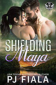 Romance novel cover for "Shielding Maya" by USA Today bestselling author PJ Fiala. A dark-haired woman in an off-the-shoulder gray tank top embraces a shirtless, bearded man, their foreheheads nearly touching as she cradles his face; she gazes down and he leans into her. Behind them, a moody green forest gives way to a calm lake reflecting an orange sunset. The "Ghost Legacy" series badge, a winged skull crest, sits in the top right corner.
