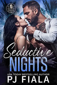 Book cover of Seductive Nights by USA Today bestselling author PJ Fiala, book three in the Warriors of Blossom Springs romantic suspense series. A dark-haired couple shares an intimate moment beneath moonlit tropical palms, with the title in icy blue lettering.