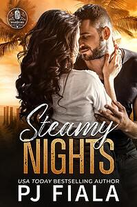 eBook mockup of Steamy Nights by USA Today bestselling author PJ Fiala displayed on a black tablet. The cover features a couple embracing against a golden tropical sunset, introducing the Warriors of Blossom Springs romantic suspense series.