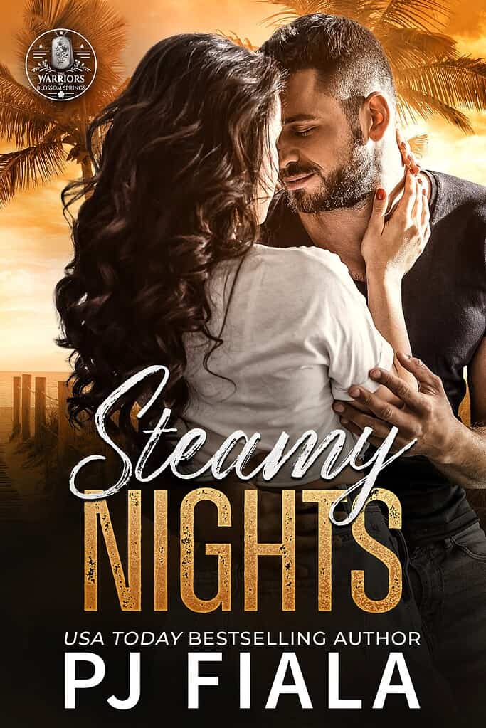 eBook mockup of Steamy Nights by USA Today bestselling author PJ Fiala displayed on a black tablet. The cover features a couple embracing against a golden tropical sunset, introducing the Warriors of Blossom Springs romantic suspense series.