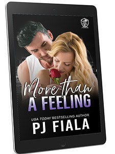 eBook cover of More Than A Feeling by PJ Fiala displayed on a black tablet. The cover features a dark-haired man embracing a blonde woman from behind as she holds a red rose against a nighttime city skyline. Part of the Blossom Springs: Rogue Anthem series.
