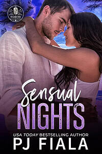 Book cover of Sensual Nights by USA Today bestselling author PJ Fiala, book four in the Warriors of Blossom Springs romantic suspense series. A couple embraces on a tropical beach at dusk beneath purple palm trees, with the title in bold lavender lettering.