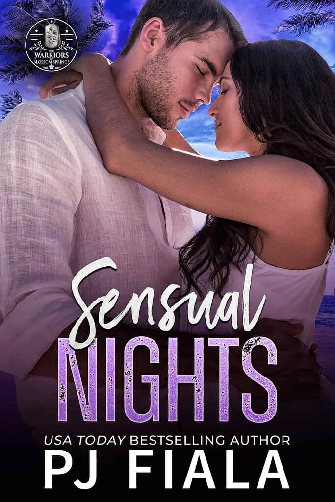 Book cover of Sensual Nights by USA Today bestselling author PJ Fiala, book four in the Warriors of Blossom Springs romantic suspense series. A couple embraces on a tropical beach at dusk beneath purple palm trees, with the title in bold lavender lettering.