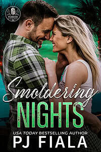 Book cover of Smoldering Nights by USA Today bestselling author PJ Fiala, book five in the Warriors of Blossom Springs romantic suspense series. A smiling couple stands forehead to forehead beneath a tropical evening sky, with the title displayed in bold emerald-green lettering.