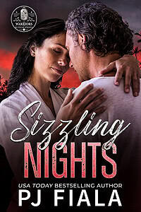 Book cover of Sizzling Nights by USA Today bestselling author PJ Fiala, book five in the Warriors of Blossom Springs romantic suspense series. A couple embraces beneath a dramatic crimson sunset with silhouetted palm trees, while the title appears in bold coral lettering.