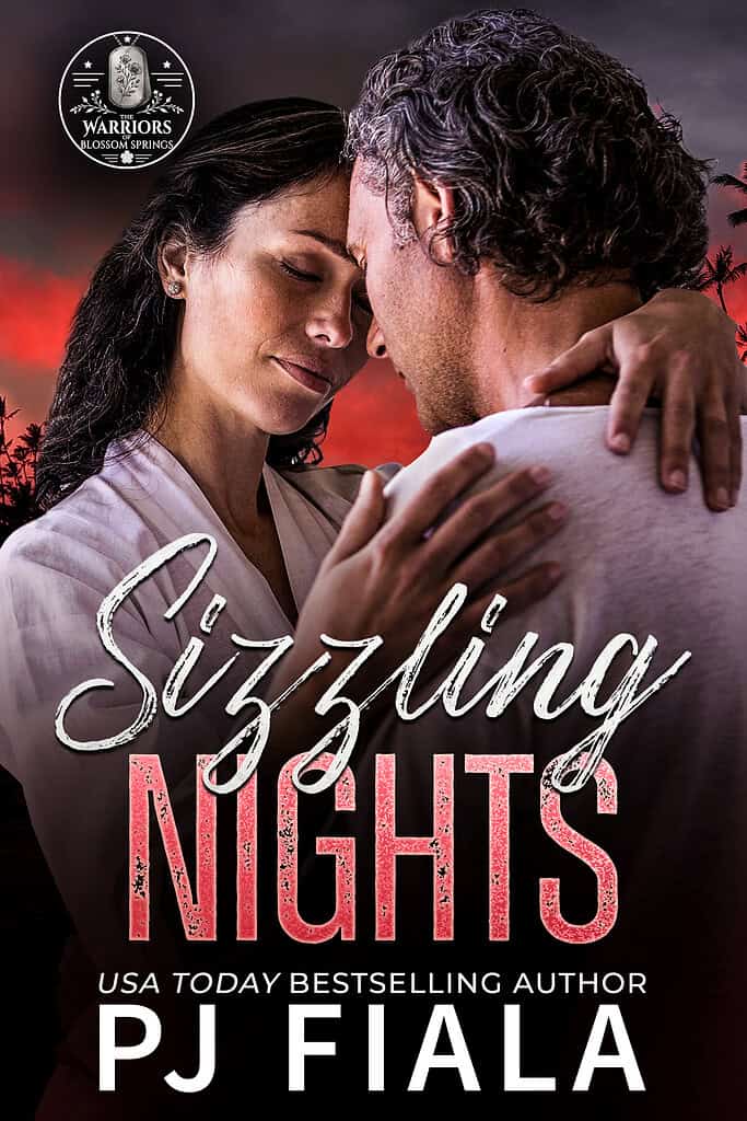 Book cover of Sizzling Nights by USA Today bestselling author PJ Fiala, book five in the Warriors of Blossom Springs romantic suspense series. A couple embraces beneath a dramatic crimson sunset with silhouetted palm trees, while the title appears in bold coral lettering.