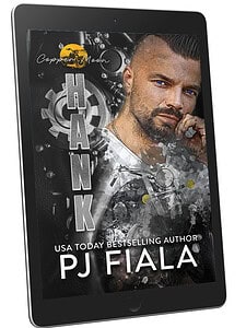 “iPad displaying the cover of Hank by USA Today bestselling author PJ Fiala. The cover features a rugged, blue-eyed man with a trimmed beard against a mechanical, gear-themed background with a vintage motorcycle overlay. The Copper Moon series logo sits at the top. A coastal romantic suspense vibe with strong racing elements.”