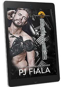 Digital eBook cover of “Brian” from the Copper Moon series by PJ Fiala, displayed on a tilted iPad. The cover features a shirtless, rugged man with a trimmed beard and intense gaze, overlaid with a black motorcycle graphic and industrial engine parts. The yellow Copper Moon logo appears at the top.