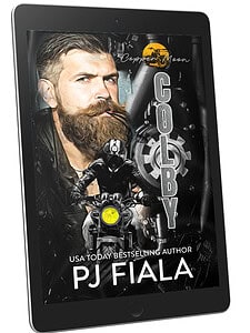 Digital eBook cover of “Colby” from the Copper Moon series by PJ Fiala, displayed on a tilted iPad. The cover features a rugged, bearded man with intense blue eyes and a motorcycle rider in black gear with a glowing yellow headlight. Industrial gears and a yellow Copper Moon motorcycle logo appear in the background.