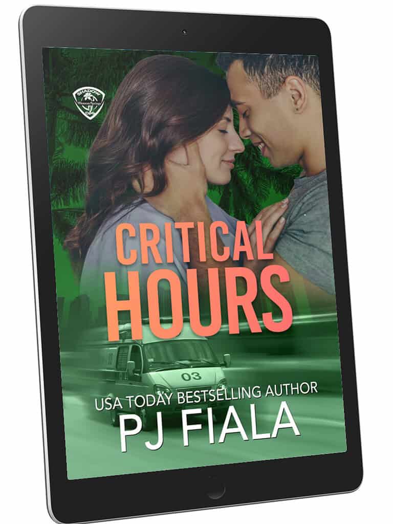 Book cover of Smoldering Nights by USA Today bestselling author PJ Fiala, book five in the Warriors of Blossom Springs romantic suspense series. A smiling couple stands forehead to forehead beneath a tropical evening sky, with the title displayed in bold emerald-green lettering.