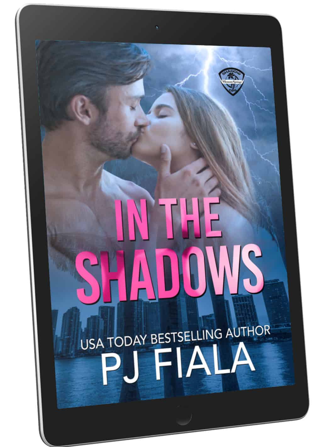 In the Shadows by PJ Fiala, romantic suspense ebook, Shadow Ops series, protective hero, intense kissing couple, city skyline