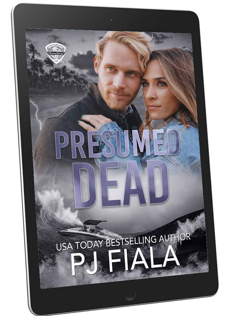 Ebook cover of Presumed Dead by USA Today bestselling author PJ Fiala. Dark nighttime city skyline framed by palm trees with muted purple title text, a romantic suspense novel featuring covert operations, elite operatives, hidden enemies, and protective heroes in the Blossom Springs: Shadow Ops series.