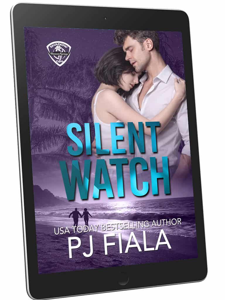 Digital ebook display of Silent Watch by PJ Fiala shown on a tablet, featuring a romantic couple embracing on a moonlit beach with a purple and blue color palette.