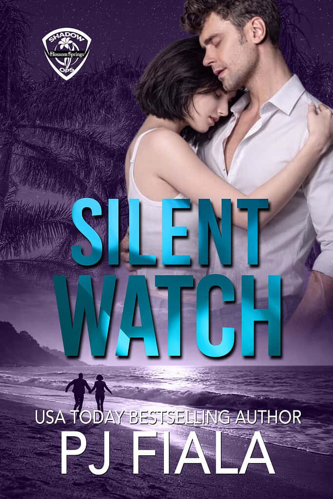 Book cover for Silent Watch by PJ Fiala. A moody purple night skyline framed by palm trees with teal title text, representing a covert operations romantic suspense novel filled with danger, surveillance, and small-town protector romance in the Blossom Springs: Shadow Ops series.