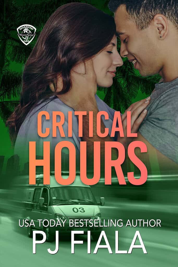 Front cover of Critical Hours by USA Today bestselling author PJ Fiala, Book Three in the Blossom Springs: Shadow Ops romantic suspense series. A brunette nurse in blue scrubs and a man in a gray T-shirt are nose-to-nose in a tender embrace, set against a green-toned background of palm fronds and a Florida city skyline, with a speeding ambulance below the bold orange title. The Shadow Ops Blossom Springs shield logo appears in the upper left corner.