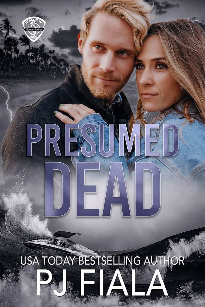 Book cover for Presumed Dead by PJ Fiala. A dark city skyline and palm trees under a night sky with subtle purple title text, representing a romantic suspense novel centered on covert operations, presumed loss, elite operatives, and hidden threats in the Blossom Springs: Shadow Ops series.