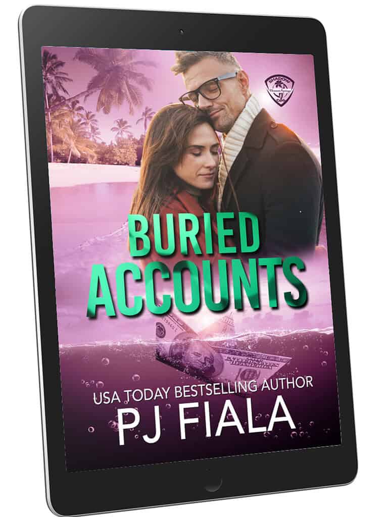 Ebook cover of Buried Accounts by USA Today bestselling author PJ Fiala. Purple nighttime city skyline framed by palm trees with bold green title text, a romantic suspense novel featuring covert operations, financial corruption, elite operatives, and protective heroes in the Blossom Springs: Shadow Ops series.