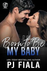 eBook cover of Born to Be My Baby by PJ Fiala displayed on a black tablet. The cover features a smiling couple leaning forehead to forehead against a nighttime city skyline, introducing a romance in the Blossom Springs: Rogue Anthem series.