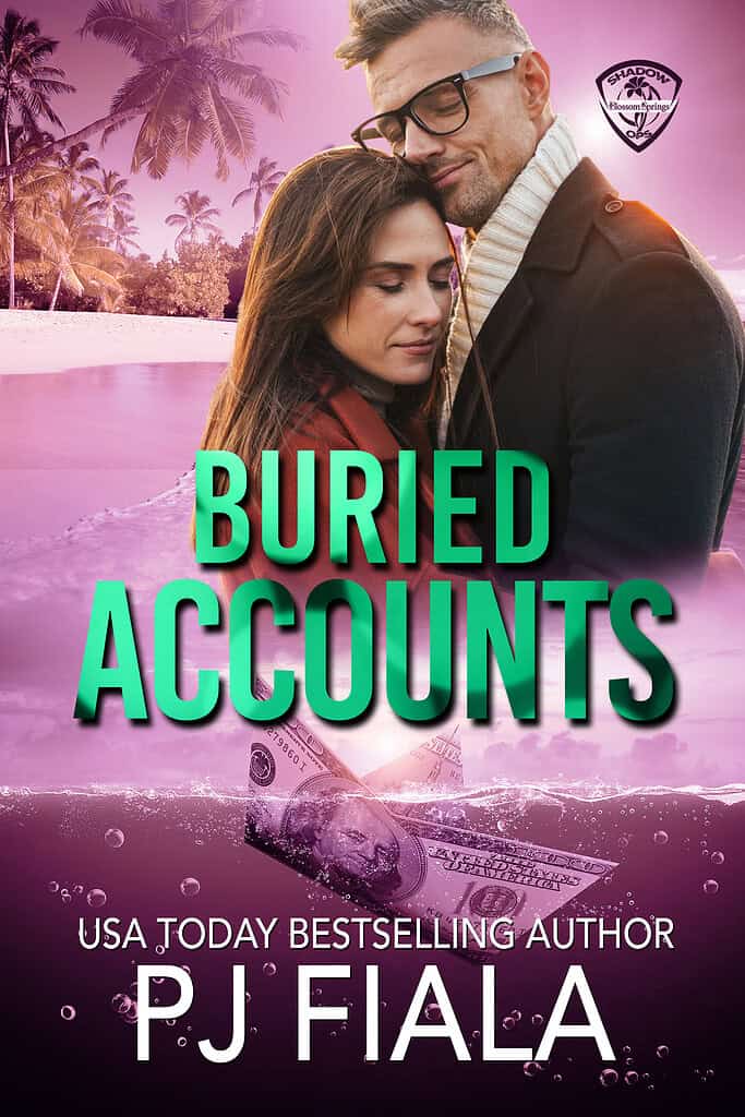Book cover for Buried Accounts by PJ Fiala. A moody purple night sky over a coastal city skyline and palm trees with striking green title text, representing a romantic suspense novel centered on covert operations, buried secrets, elite operatives, and hidden financial crimes in the Blossom Springs: Shadow Ops series.
