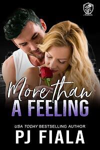 eBook cover of More Than A Feeling by PJ Fiala displayed on a black tablet. The cover features a dark-haired man embracing a blonde woman from behind as she holds a red rose against a nighttime city skyline. Part of the Blossom Springs: Rogue Anthem series.