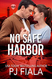 Book cover for No Safe Harbor by PJ Fiala. A dramatic red night sky over a coastal city skyline and palm trees with bold white title text, representing a romantic suspense novel centered on covert operations, elite operatives, constant danger, and no place left to hide in the Blossom Springs: Shadow Ops series.