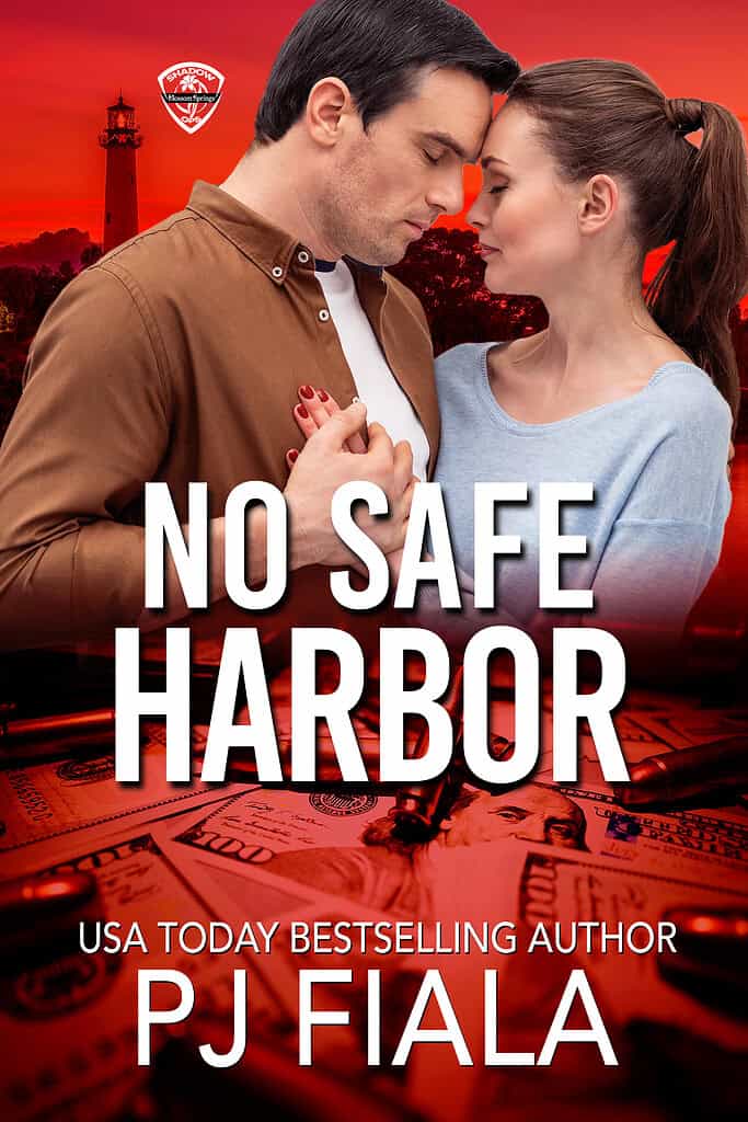 Book cover for No Safe Harbor by PJ Fiala. A dramatic red night sky over a coastal city skyline and palm trees with bold white title text, representing a romantic suspense novel centered on covert operations, elite operatives, constant danger, and no place left to hide in the Blossom Springs: Shadow Ops series.