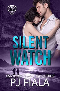 Book cover for Silent Watch by PJ Fiala featuring a couple embracing against a purple-toned beach backdrop at night, with the Shadow Ops Blossom Springs logo and themes of romantic suspense, danger, and protection.