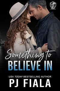 eBook cover of Something to Believe In by PJ Fiala displayed on a black tablet. The cover features a curly-haired woman in a light-colored hat and coat standing forehead to forehead with a silver-haired man in a leather jacket against a nighttime city skyline. Part of the Blossom Springs: Rogue Anthem series.
